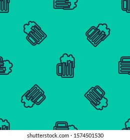 Blue line Wooden beer mug icon isolated seamless pattern on green background.  Vector Illustration