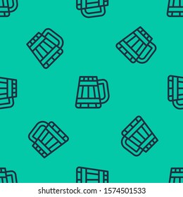 Blue line Wooden beer mug icon isolated seamless pattern on green background.  Vector Illustration