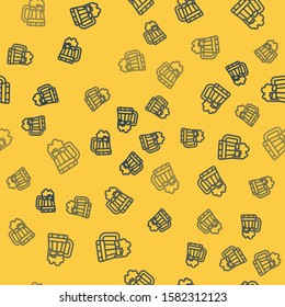 Blue line Wooden beer mug icon isolated seamless pattern on yellow background.  Vector Illustration