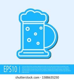 Blue line Wooden beer mug icon isolated on grey background.  Vector Illustration