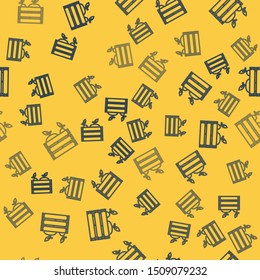 Blue line Wooden box for fruits and vegetables icon isolated seamless pattern on yellow background.  Vector Illustration