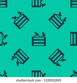 Blue line Wooden box for fruits and vegetables icon isolated seamless pattern on green background.  Vector Illustration