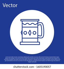 Blue line Wooden mug icon isolated on blue background. White circle button. Vector Illustration