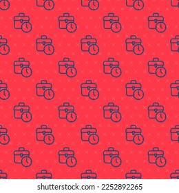 Blue line Work time icon isolated seamless pattern on red background. Office worker. Working hours. Business briefcase.  Vector