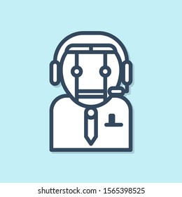 Blue line Worker robot icon isolated on blue background.  Vector Illustration