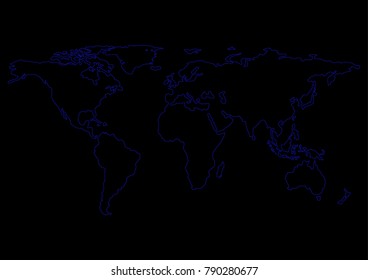Blue line world map, Isolated on dark background.
