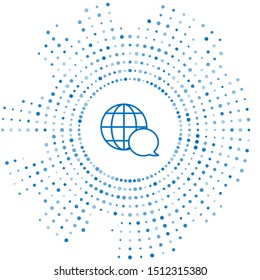 Blue line World map made from speech bubble icon isolated on white background. Global communication scheme on Earth. Abstract circle random dots. Vector Illustration