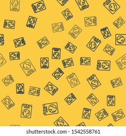 Blue line World map on a school blackboard icon isolated seamless pattern on yellow background. Drawing of map on chalkboard.  Vector Illustration