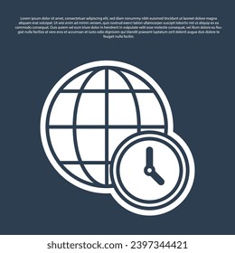 Blue line World time icon isolated on blue background. Clock and globe.  Vector