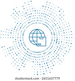 Blue line Worldwide shipping and cardboard box icon isolated on white background. Abstract circle random dots. Vector