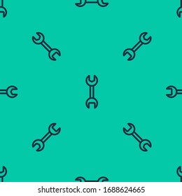 Blue line Wrench spanner icon isolated seamless pattern on green background.  Vector Illustration