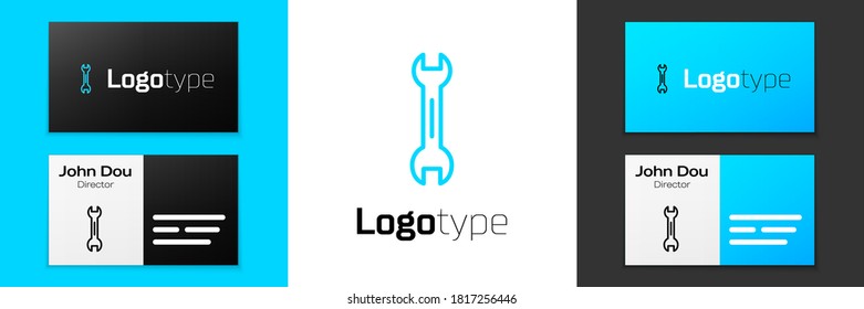 Blue line Wrench spanner icon isolated on white background. Logo design template element. Vector.