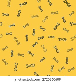 Icono de llave inglesa de línea azul aislado sin patrón sobre fondo amarillo.  Vector