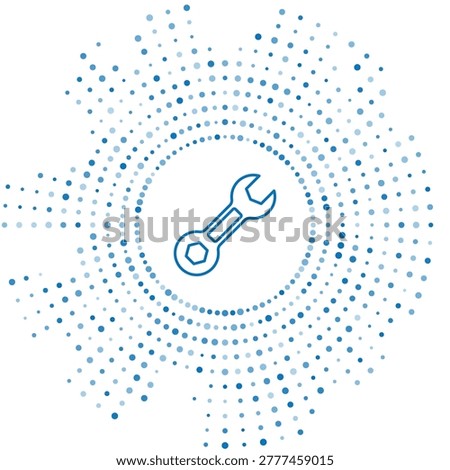 Blue line Wrench spanner icon isolated on white background. Abstract circle random dots. Vector
