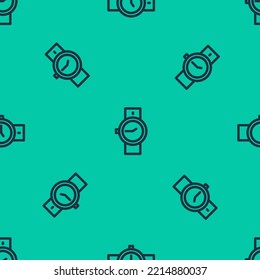 Blue line Wrist watch icon isolated seamless pattern on green background. Wristwatch icon.  Vector