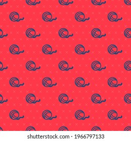 Blue line Yarn ball icon isolated seamless pattern on red background. Label for hand made, knitting or tailor shop.  Vector