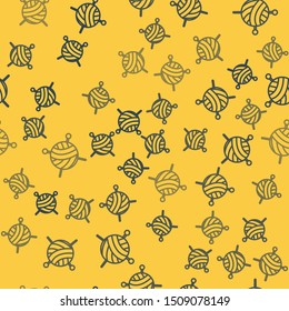 Blue line Yarn ball with knitting needles icon isolated seamless pattern on yellow background. Label for hand made, knitting or tailor shop.  Vector Illustration