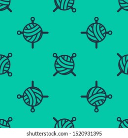 Blue line Yarn ball with knitting needles icon isolated seamless pattern on green background. Label for hand made, knitting or tailor shop.  Vector Illustration