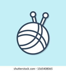 Blue line Yarn ball with knitting needles icon isolated on blue background. Label for hand made, knitting or tailor shop.  Vector Illustration