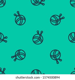 Blue line Yarn ball with knitting needles icon isolated seamless pattern on green background. Label for hand made, knitting or tailor shop.  Vector Illustration