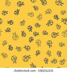 Blue line Yarn ball with knitting needles icon isolated seamless pattern on yellow background. Label for hand made, knitting or tailor shop.  Vector Illustration