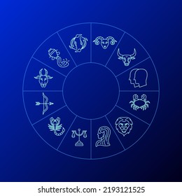 Blue Line Zodiac Circle. Vector Thin Outline Symbols.