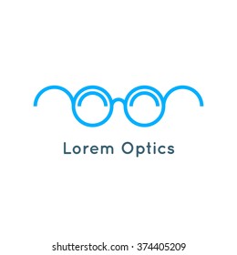 Blue Linear Eyeglass Logo Concept. Vector Minimalistic Icon. Outline Optical Symbol.