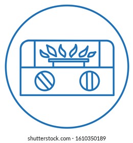 blue linear icon with circle, gas stove with a burner, vector color clip-art on white isolated background