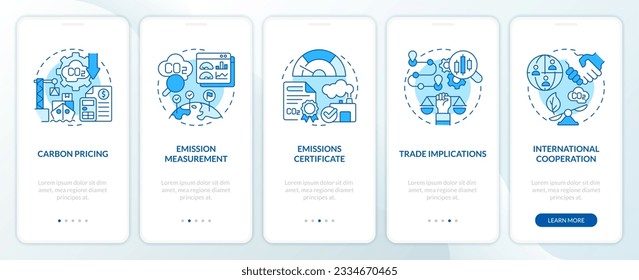 Blue linear icons representing carbon border adjustment mobile app screen set. 5 steps graphic instructions, UI, UX, GUI template.