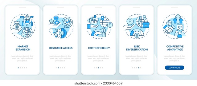 Blue linear icons representing foreign direct investment mobile app screen set. 5 steps editable graphic instructions, UI, UX, GUI template.