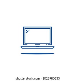 blue linear laptop simple logo. contour flat simple stroke trend modern minimal logotype graphic art sketch design element isolated on white. concept of portable pc sign or front view computer emblem