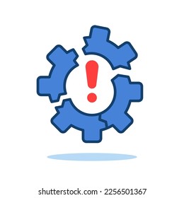 blue linear operation issue icon with gear wheel. concept of factory development symbol or execution problem sign with exclamation mark. flat trend logotype graphic design element isolated on white