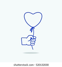 Blue linear Outline Like/Thumbs Up symbol icon with heart balloon.