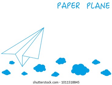 Blue linear paper plane and clouds on white background.