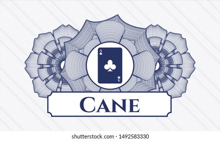 Blue linear rosette with ace of clover icon and Cane text inside