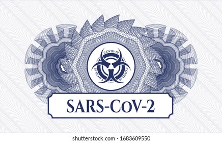 Blaue lineare Rosette mit Biogefährdung covid-19 Symbol und SARS-CoV-2-Text innen