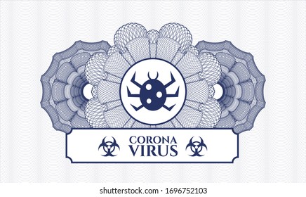 Blue linear rosette with bug icon and Coronavirus text inside