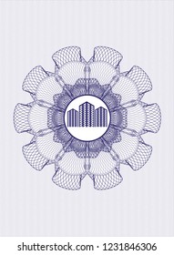 Blue linear rosette with buildings icon inside