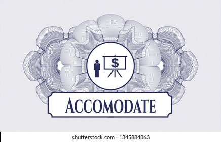 Blue linear rosette with business presentation icon and Accomodate text inside
