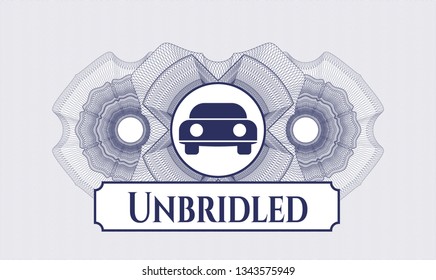 Blue linear rosette with car seen from front icon and Unbridled text inside