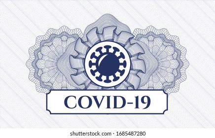 Blue linear rosette with coronavirus icon and COVID-19 text inside