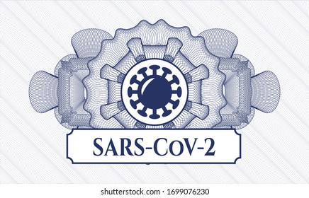Blue linear rosette with coronavirus icon and SARS-CoV-2 text inside