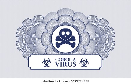 Blue linear rosette with crossbones icon and Coronavirus text inside
