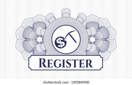 Blue linear rosette with cryptocurrency mining icon and Register text inside