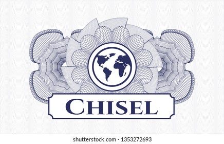 Blue linear rosette with earth icon and Chisel text inside