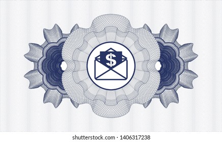 Blue linear rosette with envelope with paper with money symbol inside icon inside