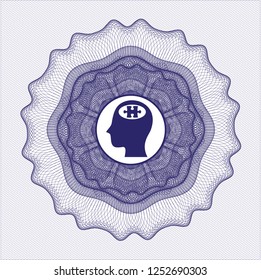 Blue linear rosette with head with jigsaw puzzle piece icon inside