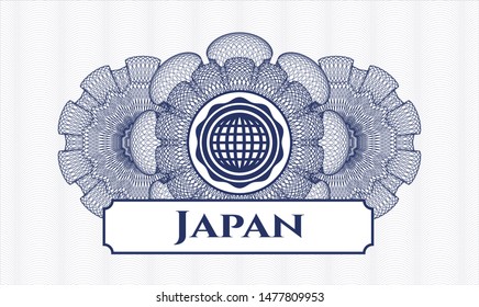 Blue linear rosette with international icon and Japan text inside