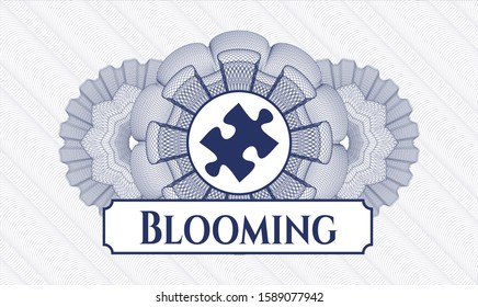 Blue linear rosette with jigsaw puzzle piece icon and Blooming text inside