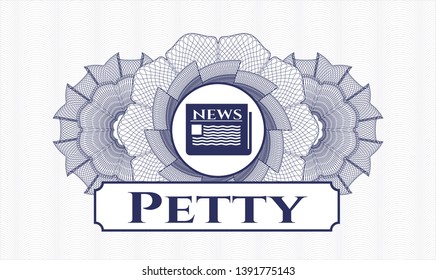 Blue linear rosette with newspaper icon and Petty text inside